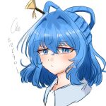  1girl blue_eyes blue_hair chisel closed_mouth commentary_request hair_intakes hair_ornament hair_rings hair_stick kaku_seiga looking_at_viewer pipita portrait short_hair simple_background solo squiggle touhou translation_request white_background 