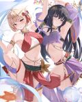  2girls absurdres arm_ribbon arm_up armlet armpits arms_up bandeau bare_shoulders belly_chain black_hair blonde_hair blush bow breasts commentary_request cowboy_shot crop_top dancer detached_sleeves dress fish hair_bow hair_ribbon hand_up harem_outfit head_chain head_tilt highres inoue_takina jewelry knee_up large_breasts loincloth long_hair looking_at_viewer lycoris_recoil midriff multiple_girls navel neck_ring nishikigi_chisato orange_eyes parted_lips pharmarr purple_eyes purple_ribbon purple_skirt red_bow red_dress ribbon short_hair skirt smile standing standing_on_one_leg stomach strapless thigh_strap thighs tube_top very_long_hair white_background 