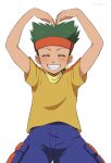  1boy blue_pants cameron_(pokemon) closed_eyes facing_viewer green_hair headband heart_arms kijouyu male_focus pants pokemon pokemon_(anime) pokemon_bw_(anime) red_headband shirt short_sleeves smile solo spiked_hair standing t-shirt yellow_shirt 