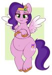  belly brown_hooves crossed_arms crown cutie_mark digital_media_(artwork) equid equine feathered_wings feathers female feral fetlocks freckles fur green_eyes hair hasbro headgear hooves lulubell mammal mlp_g5 my_little_pony navel pegasus pink_body pink_feathers pink_fur pipp_petals_(mlp) purple_hair purple_tail slightly_chubby solo spread_wings tail wings 