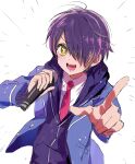  1boy blonde_hair buttons collared_shirt dohyo123123 ensemble_stars! hair_over_one_eye highres holding holding_microphone jacket long_sleeves looking_at_viewer male_focus microphone multicolored_hair necktie open_clothes open_jacket open_mouth oshi_no_ko pointing purple_hair red_necktie school_uniform sengoku_shinobu shirt short_hair solo star_(symbol) star_in_eye streaked_hair symbol_in_eye teeth upper_body white_background white_shirt yellow_eyes yumenosaki_school_uniform 