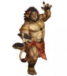  abs anthro barefoot barong_(clothing) barong_(tas) body_hair brown_body brown_fur brown_hair dancer_outfit dancing feet felid fur hair happy_trail hi_res jewelry lifewonders lion male mammal mane muscular muscular_anthro muscular_male nipples pantherine pawpads pecs sidmonthebear solo tokyo_afterschool_summoners 