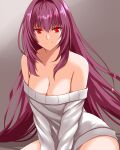  1girl bare_shoulders breasts cleavage engo_(aquawatery) fate/grand_order fate_(series) hair_intakes highres large_breasts long_hair off-shoulder_sweater off_shoulder purple_hair red_eyes ribbed_sweater scathach_(fate) simple_background smile solo sweater white_sweater 