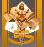  1girl absurdres bleach bleach:_the_thousand-year_blood_war blue_eyes breasts cleavage_cutout clothing_cutout dress grey_background hair_ornament hieumay highres inoue_orihime large_breasts navel orange_hair parted_bangs puffy_short_sleeves puffy_sleeves short_sleeves smile solo white_dress white_footwear 