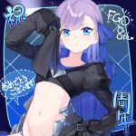  1girl black_jacket blue_background blue_eyes blue_ribbon blush breasts coffeekite collarbone cropped_jacket fate/extra fate/extra_ccc fate/grand_order fate_(series) hair_ribbon highres jacket long_hair long_sleeves looking_at_viewer meltryllis_(fate) navel purple_hair ribbon sleeves_past_fingers sleeves_past_wrists small_breasts solo translation_request very_long_hair 
