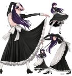  1girl absurdres alternate_costume apron arms_up black_dress clothes_lift dancing dismaiden dress dress_lift enmaided garter_straps highres komi-san_wa_komyushou_desu komi_shouko long_hair maid maid_apron maid_headdress multiple_views purple_eyes purple_hair solo sparkle thighhighs waist_apron white_apron white_background white_thighhighs 