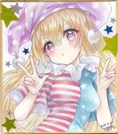  1girl american_flag_dress artist_name blonde_hair blush breasts clownpiece dated double_v dress hair_between_eyes hat highres jester_cap long_hair mosho parted_lips pink_eyes polka_dot polka_dot_headwear purple_headwear shikishi short_sleeves signature small_breasts solo star_(symbol) star_print striped striped_dress touhou traditional_media upper_body v 