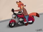  anthro bottomwear canid canine clothing denim denim_clothing disney driving fox hi_res jacket jeans looking_back male mammal motorcycle nick_wilde pants solo tangerine_(artist) toothpick topwear vehicle zootopia 