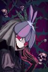  1girl black_gloves evil_smile flower flower_on_head gloves glowing glowing_eyes highres horror_(theme) long_hair orchid pink_eyes pixel_art plant puffy_short_sleeves puffy_sleeves purple_headwear short_sleeves skull smile solo touhou unfinished_dream_of_all_living_ghost veil vines yomotsu_hisami 