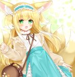  1girl :d animal_ear_fluff animal_ears arknights bag blonde_hair blue_hairband blue_skirt blush brown_jacket brown_ribbon commentary_request fox_ears fox_girl fox_tail frilled_hairband frills green_eyes hairband high-waist_skirt highres jacket kitsune long_hair long_sleeves looking_at_viewer multicolored_hair neck_ribbon open_clothes open_jacket puffy_long_sleeves puffy_sleeves ribbon shikito shirt shoulder_bag skirt smile solo suzuran_(arknights) suzuran_(spring_praise)_(arknights) tail two-tone_hair two_side_up very_long_hair white_hair white_shirt 