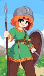  1girl belt blush bracelet breasts brown_pants buckle collarbone dagger green_eyes green_robe helmet holding holding_polearm holding_weapon jewelry knife looking_at_viewer minimilieu open_mouth orange_hair original outdoors pants pixel_art polearm robe shield smile solo spear sword thick_eyebrows viking weapon 