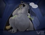  abdominal_bulge anikifaux anthro camping canid canine english_text hi_res male male/male mammal oral_vore overweight overweight_male pencer_pine_(pencer) picking_teeth prey_shaped_bulge text vore 