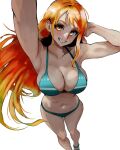  1girl arm_behind_head arm_up armpits bare_legs bikini breasts head_tilt highres large_breasts legs long_hair looking_at_viewer midriff nami_(one_piece) navel one_piece orange_eyes orange_hair sandals smile solo stomach swimsuit teeth vivian_opart white_background 