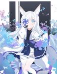  1girl absurdres animal_ear_fluff animal_ears azur_lane black_gloves blue_eyes blue_flower blue_skirt closed_mouth flower flyingkite fox_ears fox_girl gloves hands_up highres japanese_clothes kasumi_(azur_lane) kimono long_hair long_sleeves looking_at_viewer one_eye_covered pleated_skirt skirt solo thighhighs white_hair white_kimono white_thighhighs wide_sleeves 