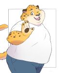  2023 4_fingers anthro belly benjamin_clawhauser big_belly bottomwear cheetah clothing disney felid feline fingers hi_res inunoshippo kemono male mammal one_eye_closed overweight overweight_male pants shirt solo topwear wink zootopia 