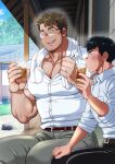  2boys absurdres age_difference bara beard_stubble black_hair blush chabashira_tatsukichi collared_shirt cup dark-skinned_male dark_skin drinking feet_out_of_frame from_side glasses highres holding holding_cup huge_eyebrows huge_pectorals jewelry large_hands looking_at_another male_focus mature_male multiple_boys muscular muscular_male original outline pectoral_cleavage pectorals profile ring shirt short_hair side-by-side sideburns sparse_chest_hair standing summer sweat tight_clothes tight_shirt towel towel_around_neck very_sweaty wedding_ring white_outline 