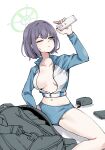  1girl blue_archive blush breasts closed_mouth collarbone green_eyes green_halo halo highres jacket large_breasts long_sleeves navel official_alternate_costume one_eye_closed open_clothes open_jacket purple_hair raglan_sleeves rash_guard saki_(blue_archive) saki_(swimsuit)_(blue_archive) short_hair simple_background sin_seishun solo white_background 