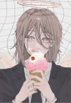  1boy angel angel_devil_(chainsaw_man) angel_wings black_jacket black_necktie brown_eyes brown_hair chainsaw_man collared_shirt food food_on_face formal grey_background hair_between_eyes halo highres holding_ice_cream ice_cream_cone jacket long_hair looking_to_the_side namida_a2 necktie shirt simple_background solo suit suit_jacket tongue tongue_out white_shirt white_wings wings 