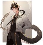  1boy 3four alternate_costume arknights belt black_belt black_hair black_pants black_shirt blonde_hair border brown_background chong_yue_(arknights) commentary cowboy_shot dragon_boy dragon_horns dragon_tail gradient_background hands_in_pockets horns jacket male_focus pants pointy_ears shirt short_hair simple_background slit_pupils solo symbol-only_commentary tail white_background white_jacket yellow_eyes 