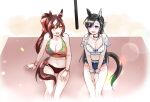  2girls :d animal_ears aruchi000 bare_shoulders bikini black_choker black_hair blue_eyes bow breasts brown_hair choker cleavage collarbone ear_covers genderswap genderswap_(mtf) hair_bow highres horse_ears horse_girl horse_tail jewelry just_a_way_(racehorse) large_breasts long_hair medium_breasts midriff multicolored_hair multiple_girls navel necklace original personification ponytail red_bow single_ear_cover sitting smile streaked_hair swimsuit tail umamusume verxina_(racehorse) white_bikini white_hair yellow_eyes 