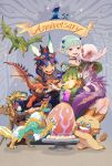  1girl 2boys absurdres anniversary armor blue_eyes cake claws commentary_request egg ena_(monster_hunter) fangs fireball food highres mizutsune monster_hunter_(series) monster_hunter_stories_2 multiple_boys naville_(monster_hunter_stories) official_art paolumu pointy_ears protagonist_(mhs2) rathalos rathian red_eyes smile tigrex wings zinogre 