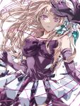  1girl akamatsu_kaede alternate_costume bare_shoulders blonde_hair bow breasts cowboy_shot danganronpa_(series) danganronpa_v3:_killing_harmony dress elbow_gloves geruidoshifa gloves large_bow large_breasts long_hair looking_at_viewer parted_lips pink_eyes purple_bow purple_dress solo sweat teeth 