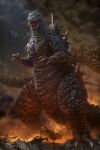  absurdres black_scales claws commentary_request fire giant giant_monster godzilla godzilla_(series) hanekura_bou highres kaijuu monster open_mouth ruins sharp_teeth spikes spines standing tail teeth very_long_tail 