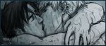  2boys arms_around_neck bara black_hair blonde_hair close-up couple cris_art ear_piercing french_kiss greyscale hug hulkling kiss long_sideburns lowres male_focus marvel monochrome multiple_boys mutual_hug pectorals piercing second-party_source short_hair sideburns sweat thick_eyebrows toned toned_male very_sweaty wiccan yaoi 