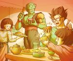  2boys 2girls :d ^_^ antennae apron arm_up biceps black-framed_eyewear black_hair blue_apron blue_eyes blunt_bangs blush bowl chopsticks closed_eyes colored_skin commentary_request cup dougi dragon_ball dragon_ball_super earrings eyelashes family fang father_and_daughter food glasses green_shirt green_skin hands_up holding holding_bowl holding_chopsticks holding_spoon holding_tray hood hood_down hoodie husband_and_wife indoors jewelry koukyouji large_pectorals lettuce long_sleeves looking_at_another meat mother_and_daughter multiple_boys multiple_girls namekian notice_lines open_mouth pan_(dragon_ball) pectorals piccolo plate pointy_ears profile rectangular_eyewear red_hoodie red_sash round_teeth sash shirt short_hair sitting smile son_gohan spiked_hair spoon stud_earrings sweatdrop table teapot teeth tongue tray upper_teeth_only v-shaped_eyebrows videl water white_shirt wooden_spoon 