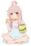  1girl absurdres ahoge barefoot bexercube blue_shirt food grey_hair highres indian_style looking_at_viewer mouth_hold multicolored_hair onii-chan_wa_oshimai! oyama_mahiro pink_hair shirt simple_background sitting solo t-shirt toes two-tone_hair white_background 