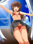  1girl amagami armpits arms_at_sides bikini blush breasts brown_eyes brown_hair curtain_grab curtains grey_skirt highres indoors kamizaki_risa knees long_hair looking_at_viewer looking_down navel open_mouth outstretched_arms pleated_skirt ribs skirt small_breasts solo spread_arms string_bikini sunlight swimsuit takenoko_saba_otto teeth thighs upper_teeth_only upskirt window 