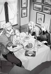  1boy 2girls absurdres aslaug_(fate) breasts chair cross_scar drink eating fate:lost_einherjar fate_(series) food greyscale highres husband_and_wife large_breasts long_hair miwa_shirow monochrome multiple_girls non-web_source official_art ragnar_lodbrok_(fate) remina_eltfrom_yggdmillennia scar scar_on_face scar_on_forehead short_hair sitting surprised sweater window 