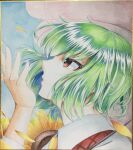  1girl 283win absurdres commentary_request flower from_side green_hair highres kazami_yuuka photo_(medium) red_eyes shikishi short_hair solo sunflower touhou traditional_media umbrella upper_body 