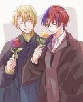  2boys alear_(fire_emblem) alear_(male)_(fire_emblem) alfred_(fire_emblem) alternate_costume blonde_hair blue_hair closed_eyes crossed_bangs fire_emblem fire_emblem_engage flower hair_between_eyes highres holding holding_flower jacket long_sleeves male_focus multicolored_hair multiple_boys red_hair short_hair smile yutohiroya 