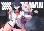  2girls absurdres anchorage_akiko black_hair black_skirt blue_eyes blurry blurry_background bow breasts closed_mouth collared_shirt commentary_request copyright_name crossed_legs depth_of_field dress_shirt feet_out_of_frame grey_pantyhose gridman_universe hair_between_eyes hand_up highres jacket large_breasts long_hair long_sleeves multiple_girls no_shoes off_shoulder open_clothes open_jacket panties pantyhose pink_bow pleated_skirt puffy_long_sleeves puffy_sleeves purple_hair purple_jacket red_bow red_eyes red_socks shinjou_akane shirt short_hair skirt socks ssss.gridman takarada_rikka underwear white_jacket white_panties white_shirt 
