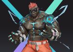  1boy abs absurdres bara biceps dark_skin dislyte electricity glowing_tattoo highres large_pectorals looking_at_viewer male_focus manly muscular muscular_male pectorals pink_hair taylor_(dislyte) thick_arms traver009 