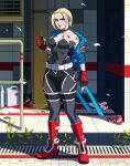 1girl adapted_costume ankle_boots armored_gloves belt black_bodysuit black_choker black_gloves blonde_hair blue_eyes blue_jacket bodysuit boots breasts brown_lips cammy_white choker clenched_hand commentary commission cosplay cropped_jacket cyberpunk deltoids english_commentary exmile fingerless_gloves full_body ghost_in_the_shell ghost_in_the_shell_stand_alone_complex gloves highres jacket kusanagi_motoko kusanagi_motoko_(cosplay) medium_breasts off_shoulder open_clothes open_jacket pendant_choker red_footwear scar scar_on_cheek scar_on_face shin_guards short_hair sleeves_pushed_up solo strapless strapless_bodysuit street_fighter street_fighter_6 thigh_strap toned trash 