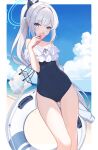  1girl ass_visible_through_thighs bare_legs bare_shoulders beach black_one-piece_swimsuit blue_archive blue_halo cellphone day feet_out_of_frame frilled_one-piece_swimsuit frills grey_hair halo highres holding holding_phone innertube long_hair looking_at_viewer miyako_(blue_archive) miyako_(swimsuit)_(blue_archive) ocean off-shoulder_one-piece_swimsuit off_shoulder one-piece_swimsuit outdoors phone ponytail purple_eyes smartphone solo swimsuit zhnyy3 
