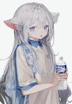  1girl animal_ears backpack bag bag_charm blue_eyes bottle cat_ears cat_girl charm_(object) condensation flat_chest grey_hair highres holding holding_bottle long_hair long_sleeves original polo_shirt shirt short_sleeves shou_(mori_boro) sweat water_bottle white_shirt 