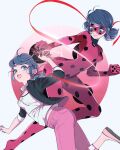  2girls :d ahoge black_bodysuit black_jacket blue_eyes blue_hair bodysuit domino_mask dual_persona earrings from_side highres jacket jewelry ladybug_(character) long_hair long_sleeves marinette_dupain-cheng mask miraculous_ladybug multiple_girls open_clothes open_jacket pants pink_pants polka_dot red_background red_bodysuit seio_(nao_miragggcc45) shirt shoes short_hair smile superhero teeth twintails upper_teeth_only white_background white_shirt 