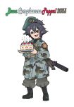  1girl absurdres anzio_(emblem) beret beretta_model_38 birthday_cake black_hair blue_jacket brown_eyes cake camouflage camouflage_jacket candle emblem food fruit girls_und_panzer green_headwear green_pants happy_birthday hat highres holding holding_cake holding_food italian_text jacket japvs looking_down military_uniform pants pepperoni_(girls_und_panzer) smile solo strawberry strawberry_slice toon_(style) uniform white_background 