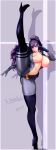  1girl areola_slip bodysuit boots breasts cleavage commission elbow_gloves english_text front_zipper gloves heterochromia high_heel_boots high_heels highres huge_breasts long_hair navel nipple_slip nipples original ponytail puropera_(puropera) purple_hair scar scar_on_face shadow signature skeb_commission solo split standing standing_on_one_leg standing_split sweatdrop unzipped zipper 