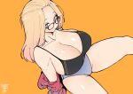  1girl absurdres arms_behind_back artist_name bangs_pinned_back bare_shoulders bikini blonde_hair blue_eyes blush breasts cleavage closed_mouth collarbone commentary curvy folded_hair forehead from_above glasses hair_pulled_back highres huge_breasts inne_sulistya_robin jacket jacket_partially_removed long_hair looking_at_viewer norman_maggot orange_background original red-framed_eyewear shiny_skin simple_background sitting skindentation solo swimsuit symbol-only_commentary wavy_mouth 