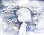  1girl abstract_background blue_eyes capelet circle expressionless highres looking_ahead nedoco original parted_bangs profile shirt short_hair solo standing straight_hair upper_body white_background white_capelet white_hair white_shirt white_theme 