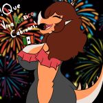  1:1 2023 4k absurd_res anthro aquilops big_breasts big_butt breasts brown_hair butt cleavage clothed clothing curvy_figure dialogue digital_drawing_(artwork) digital_media_(artwork) dinosaur dress eyelashes eyes_closed female fireworks goodbye_volcano_high hair hi_res horn long_hair long_tail multicolored_body multicolored_scales off_shoulder open_mouth orange_body orange_scales reptile rosa_(gvh) scales scalie simple_background smile snoot_game snout solo spanish_text spikes spikes_(anatomy) tail tan_body tan_scales text tongue translation_check translation_request two_tone_body two_tone_scales voluptuous wide_hips wolfdrawings 