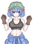  1girl :&lt; bare_shoulders black_gloves blue_eyes blue_hair breasts cabbie_hat cleavage collarbone commentary_request cowboy_shot dot_nose eyes_visible_through_hair fumomono gloves groin hands_up hat highres kawashiro_nitori looking_at_viewer medium_breasts midriff navel short_hair solo straight-on touhou two_side_up v-shaped_eyebrows 