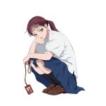  1girl black_socks brown_hair commentary_request full_body green_eyes highres holding loafers medium_skirt original pleated_skirt ponytail school_uniform shirt shoes skirt socks solo squatting untucked_shirt white_shirt yonchi 