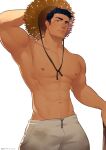  1boy abs adjusting_clothes adjusting_headwear bara black_eyes black_hair bulge dirty dirty_clothes expressionless eyebrow_cut feet_out_of_frame glasses goatee_stubble groin hat hidora_art highres large_pectorals looking_at_viewer male_focus muscular muscular_male navel nipples no_male_underwear original pants pectorals short_hair sideburns solo sparse_navel_hair sparse_stubble standing stomach straw_hat sunlight thick_eyebrows thighs topless_male v-taper white_background white_pants 