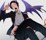  1boy adachi_tooru black_hair black_jacket black_pants bow bowtie collared_shirt commentary_request crossed_legs demon_boy demon_horns demon_tail fangs grey_eyes hand_up highres horns jacket long_sleeves looking_at_viewer male_focus open_mouth orange_nails pants persona persona_4 pointy_ears purple_wings shirt short_hair sitting solo suit tail white_bow white_bowtie white_shirt wings yoshino_saku 