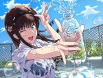  1girl amagami black_hair black_hairband blue_bra blue_eyes blush bottle bra breasts chain-link_fence curly_hair fence hairband highres holding holding_bottle long_hair looking_at_viewer medium_breasts morishima_haruka one_eye_closed open_mouth outdoors rainbow ranmaru_(jackpot_1123) see-through shirt short_sleeves sky solo spilling underwear upper_body water_bottle wet wet_clothes white_shirt 